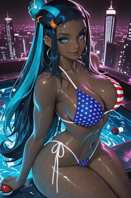 1girls ai_generated american_flag_bikini bikini black_hair blue_eyes blue_hair dark-skinned_female dark_skin hi_res looking_at_viewer narrow_waist nessa_(pokemon) pokeball pokeballs pokemon pool poolside two-tone_hair upscaled wide_hips