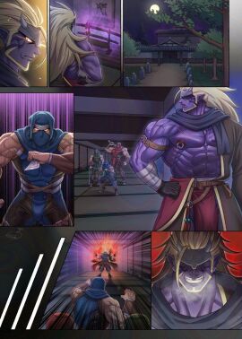 blonde_hair bodybuilder demon demon_boy energy_camdy facial_markings full_moon grin grinning indoors japanese_clothes male male_oni male_only moon muscles muscular muscular_male night ninja nipples oni oni_male pecs pointed_ears pointy_ears purple_skin smile smiling