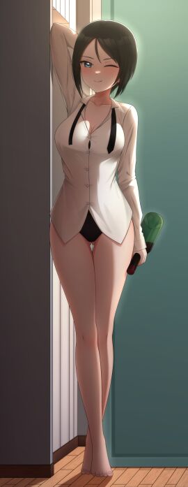1girls barely_clothed bottle chouno_ami clothed clothed_female clothing color colored female girls_und_panzer leaning legs semi_nude shirt solo solo_female solo_focus thick_thighs thighs wine wink yisusjpl