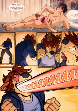 5_fingers anthro anthro_on_anthro anus ass biped blush brown_hair canid canine canis clothed clothing comic dialogue domestic_dog eyebrows fingers hair herpestid hi_res interspecies male male/male mammal meerkat pillow rivas_(yuguni) smile solo spanish_text speech_bubble tail text translated yuguni yuguni_(yuguni)