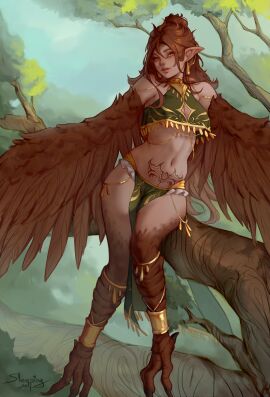 1girls armpits artist_name bare_shoulders bare_thighs bird_legs breasts brown_eyes brown_feathers brown_hair brown_wings cleavage cleavage_cutout clothing_cutout commission dark-skinned_female dark_skin day ear_chain earrings feathers female female_only forest hair_between_eyes hair_bun harpy highres jewelry linked_piercing lips long_hair looking_at_viewer medium_breasts monster_girl navel original outdoors parted_lips pelvic_curtain piercing pointy_ears pubic_tattoo revealing_clothes shoulders sitting_on_branch sleepingsol smile solo standing stomach talons tan tattoo thighs tree underboob winged_arms wings