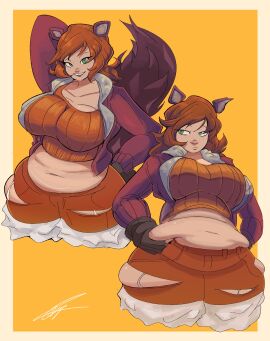 2024 2d artist_signature bananawithas belly_button big_breasts black_gloves breasts brown_hair chubby chubby_female digital_drawing_(artwork) digital_media_(artwork) doreen_green eyelashes female female_only frowning fully_clothed grabbing_belly green_eyes hand_on_stomach looking_at_viewer marvel marvel_comics marvel_rivals navel posing smile solo squirrel_ears squirrel_girl squirrel_girl_(marvel) squirrel_girl_(marvel_rivals) squirrel_tail standing yellow_background