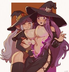 2girls assisted_exposure big_breasts blush breasts breasts_out curvy dress embarrassed exposed_breasts female female_only fern_(sousou_no_frieren) flame frieren halloween klimspree lingerie lipstick long_hair looking_at_another magic mature_female multiple_females multiple_girls nail_polish pointy_ears purple_lipstick purple_nails revealing_clothes ripped_clothing size_difference slim_waist small_breasts smile sousou_no_frieren teasing thighhighs undressing witch witch_costume witch_hat younger_female yuri