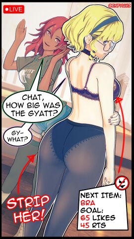 2girls 3d arm_up armpits artist_name ass ass_focus black_bra black_panties blonde_hair blue_bra blue_eyes blue_headband blue_nails bra breasts choker_writing clothed clothed_female collar constance_von_nuvelle converse dark-skinned_female dark_skin embarrassed english_text exhibitionism female female_only femdom femsub fire_emblem fire_emblem:_three_houses glasses green_shirt hairless_armpits hand_on_elbow hapi_(fire_emblem) headband humiliation jean_shorts lace lace-trimmed_bra lace-trimmed_panties lace_trim large_ass light-skinned_female light_skin livestream looking_back medium_breasts meme multiple_females multiple_girls nail_polish name_tag nintendo panties panties_under_pantyhose platform_footwear red_eyes red_hair see-through see-through_clothing shirt speech_bubble strip_game t-shirt teasing text tight_clothing twitter_strip_game_(meme) underwear yumi_(artist)