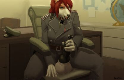 animal_genitalia animal_penis anthro balls belt big_balls big_breasts blue_eyes breasts canid canine canine_genitalia canine_penis canis clothing cross desk domestic_dog furniture futanari genitals globe hair hat headgear headwear herding_dog intersex iron_cross knot knotted_penis looking_at_viewer mammal masturbation michelle_wittmann military_cap military_uniform nazi nazi_uniform pastoral_dog penis red_hair schutzstaffel shintori sitting solo table tongue tongue_out uniform welsh_corgi