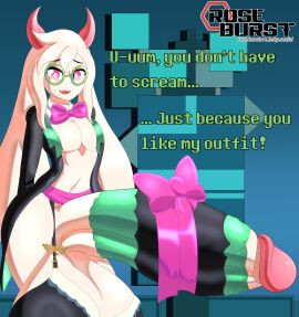 1boy 2_horns 2d absurd_res accessory animal_humanoid anthro anthro_male anthro_only balls balls_bra big_balls big_bow big_ears big_glasses big_penis black_clothing black_suit black_tie_(suit) bovid bovid_humanoid bow_accessory bow_ribbon caprine caprine_humanoid clothed clothing cock_warmer darkner delta_rune_(emblem) deltarune dialogue english_text eyewear fangs femboy floppy_ears fur furry furry_male furry_only genitals glasses goat goat_humanoid green_clothing green_text hair hi_res horn huge_balls huge_cock humanoid humanoid_genitalia humanoid_penis hyper hyper_balls hyper_genitalia hyper_penis looking_at_viewer male male_humanoid male_only mammal mammal_humanoid nipple_slip nipples open_mouth open_smile partially_clothed partially_clothed_humanoid partially_clothed_male penis penis_accessory penis_bow penis_clothing penis_ribbon pink_bow pink_clothing pink_eyes ralsei ribbon_around_penis ribbon_on_penis ribbons roseburst_(artist) round_glasses signature smile solo suit symbol talking talking_to_another teeth text thick_thighs undertale undertale_(series) white_body white_fur wide_hips