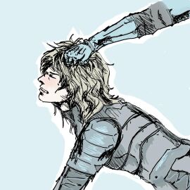 1boy biting_lip blonde_hair blonde_male closed_eyes clothed doggy_style gay gay_sex hair_pull long_hair male messy_hair metal_gear_solid no_visible_genitalia pulling_hair raiden_(metal_gear) solid_snake sweat