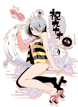 1boy 1girls ahoge between_legs bottomless breasts father_and_child father_and_daughter female female_focus full_body gegege_no_kitarou genderswap genderswap_(mtf) geta grey_eyes grey_hair hair_over_one_eye hanten_(clothes) ittan_momen kitarou male medama_oyaji micro_male no_bra parent_and_child rule_63 short_hair small_breasts smikw solo_focus toromi_(toromix2) vest youkai