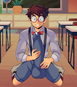 2025 bowtie braces brown_hair bulge bulge_through_clothing classroom commission fondling_bulge fondling_penis fully_clothed glasses hazel_eyes huge_bulge kneeling looking_at_own_penis male male_focus male_only nerd oc penis precum_through_clothing socks solo solo_focus solo_male suspenders yuunsfw