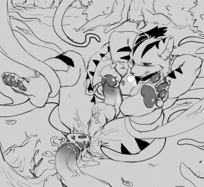 2020 4_toes a8295536 anal anal_sex anthro balls blush bodily_fluids breath chinese_description claws drooling embarrassed erection fangs feet felid forest gay genitals hands_behind_head hi_res leaking_anus lying male mammal muscular nude nude_male on_back open_mouth pantherine pawpads penetration penis plant restrained_arms restrained_legs saliva sex solo spread_legs spreading stripes tail teeth tentacle tentacle_in_ass tentacle_penetration tentacle_rape tentacle_sex tiger toes tree urethral urethral_penetration