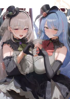 2girls :/ :d akita_hika bare_shoulders big_breasts black_dress black_gloves black_hat blue_archive blue_hair blush breast_press breasts brooch closed_mouth commentary dress earrings elbow_gloves female fingerless_gloves gloves green_eyes grey_hair halo hat heart heart_hands heart_hands_duo highres jewelry large_breasts long_hair long_sleeves mine_(blue_archive) mine_(idol)_(blue_archive) multicolored_hair multiple_females multiple_girls official_alternate_costume open_mouth pink_hair purple_eyes sakurako_(blue_archive) sakurako_(idol)_(blue_archive) smile streaked_hair symmetrical_docking wings yellow_halo