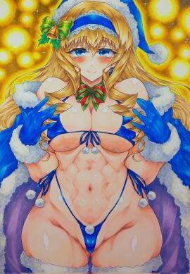 1girls abs big_breasts bikini blonde_hair blue_bikini blue_eyes blush bow breasts busty cameltoe cecilia_alcott child_bearing_hips christmas cleavage drill_hair female female_only gloves hairbow hat highres infinite_stratos large_breasts legs long_hair looking_at_viewer navel open_mouth partially_visible_vulva pussy santa_costume santa_hat seductive_look seductive_smile sensual side-tie_bikini_bottom smile solo swimsuit thick_thighs thighs thong_bikini traditional_media underboob voluptuous wide_hips