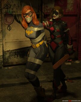 2girls 3d batgirl batgirl_(gotham_knights) bondage captured captured_heroine dc_comics female female_only full_body fully_clothed fully_clothed_female gag gagged gotham_knights harley_quinn harley_quinn_(gotham_knights) rendereddefenseless tape_bondage tape_gag