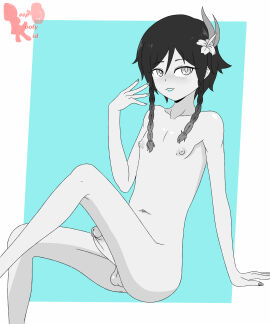 balls blue_lipstick blush colored_background deepbootykid femboy flower_in_hair gay genshin_impact male nipples no_color nude nude_male painted_nails penis sitting smiling solo_male twin_braids venti_(genshin_impact)