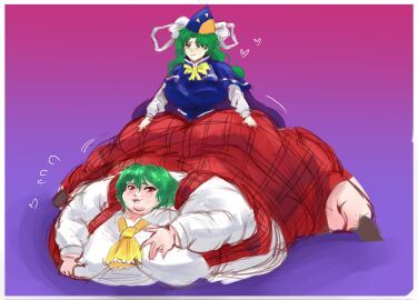 2girls bbw fat fat_female fat_fetish female female_only grabbing grabbing_another's_ass grabbing_ass green_hair mima mima_(touhou) multiple_females multiple_girls obese obese_female pivk00 touhou yuka_kazami