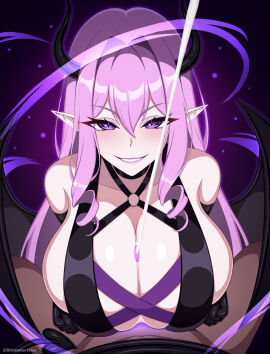 1boy 1girls breasts cum demon demon_girl demon_horns demon_tail demon_wings draining draining_energy ejaculation_between_breasts energy_drain female femdom large_breasts latex_gloves lipstick looking_at_viewer male original paizuri paizuri_under_clothes pink_hair pov purple_eyes shimmerhex succubus