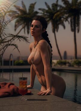 1girls 3d areolae_visible_through_clothing ass bare_arms bare_shoulders belly big_ass braided_hair braided_ponytail breasts bubble_ass bubble_butt cocktail cocktail_glass coming_out_of_water detailed_background eyeshadow female female_only fishnet_bikini fit fit_female greengiant3d in_pool in_water lara_croft legs_out_of_frame long_hair looking_at_viewer looking_to_the_side navel necklace nipple_bulge nipples_visible_through_clothing outdoors palm_tree partially_submerged pokies pool poolside see-through_clothing side_view slight_smile sling_bikini slingshot_swimsuit solo sunset tomb_raider very_long_hair