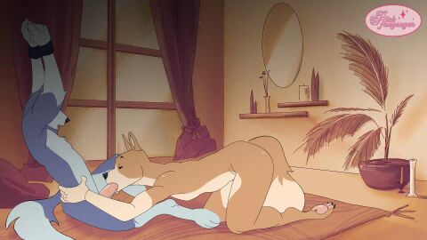 animal_humanoid animated anthro bondage bound canid canid_humanoid canine canine_humanoid canis dog_humanoid dominant duo fellatio hi_res humanoid male male/male mammal mammal_humanoid oral partners penile penis pinkfangsugar restraints rope rope_bondage rope_harness sex submissive wolf