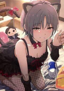 asakura_toru bare_arms bare_shoulders black_dress blue_eyes blush breasts cat_ears cat_tail cleavage collarbone detached_collar dress earrings fishnet_pantyhose fishnets gradient_hair idolmaster idolmaster_shiny_colors indoors medium_breasts misaki_nonaka multicolored_hair nail_polish on_knees pantyhose parted_lips purple_hair short_hair sleeveless_dress smile thighs white_nails