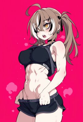 1girls ahoge ai_generated black_shorts blush brown_hair choker covered_nipples female hololive hololive_english large_breasts muscular_female nanashi_mumei nanashi_mumei_(emo) no_panties shorts_pull sports_bra steam sweat thick_thighs thighs twintails virtual_youtuber yellow_eyes