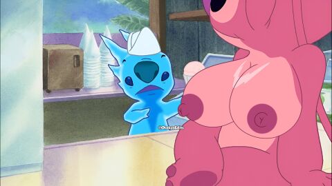 angel_(lilo_and_stitch) breasts breasts_out disney_channel female large_breasts lilo_and_stitch otakusedits pink_fur pink_nipples slushy_(lilo_and_stitch)