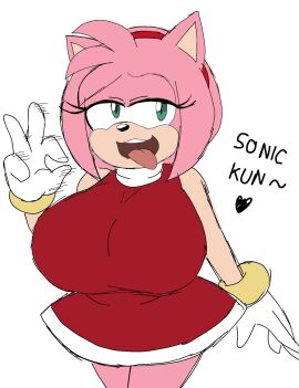 1girls alternate_breast_size amy_rose anthro big_breasts breasts dialogue dress female female_only hedgehog hedgehog_girl huge_breasts inviting jerking_off_hand_motion large_breasts momiji_(artist) open_mouth sega solo sonic_(series) teasing tongue tongue_out