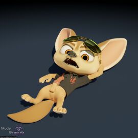 1:1 3_toes 3d 4_fingers angry animal_genitalia anthro balls big_ears black_nose blender_(artwork) brown_eyes canid canine canine_genitalia claws clothed clothing digital_media_(artwork) disney english_text erection eyewear fangs feet fennec_fox fingers finnick finnick_(zootopia) fox genitals hi_res looking_at_viewer lying male mammal on_back open_mouth pantsless partially_clothed pawpads paws penis rockyrcoon shirt simple_background solo sunglasses tail tan_body teeth text toes topwear true_fox watermark zootopia