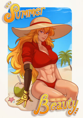 abs beach bikini blonde_hair blue_sky breasts cleavage clothing cloud coconut crossed_legs day drinking_straw english_text female gloves hat headwear large_breasts long_hair looking_at_viewer midriff muscles muscular muscular_female navel outdoors palm_tree prosthesis prosthetic_arm purple_eyes red_bikini rwby sand sitting sky smile solo sun_hat swimsuit thighs tree yang_xiao_long yellow_nicky_(artist)