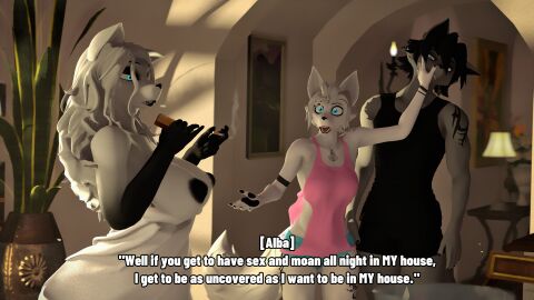 1boy 2girls 3d abby_(domibun) absurd_res anthro anthro_female anthro_male ass big_ass big_breasts black_areola black_fur black_markings black_nipples blue_eyes boyfriend-girlfriend bread breasts canid canine canis daughter daughter_(lore) daughters_boyfriend digital_media_(artwork) domibun exposed_breasts exposed_nipples female food fox fox_ears fox_girl fox_tail furry furry_female furry_male group hi_res holding_face kole_(domibun) long_hair male mammal maxine_(domibun) morning mother mother_(lore) naked naked_female nipples nude nude_female parent parent_(lore) pushing pushing_away smoking smoking_cigarette source_filmmaker_(artwork) stare toast towel towel_wrap trio two-tone_body two-tone_fur white_body white_fur white_hair