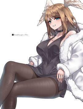 beautiful black_dress black_pantyhose blue_eyes breakthrough_rr breasts brown_hair choker cleavage commentary_request crossed_legs dress eunie_(xenoblade) eyelashes eyeliner fancy_clothing female fully_clothed fur_jacket head_wings high_entia highres jacket large_breasts long_hair looking_at_viewer makeup mascara nintendo open_jacket pantyhose parted_lips photoshoot riro_(breakthrough_rr) short_dress simple_background sitting smile smiling_at_viewer solo thick_thighs white_background white_jacket wings xenoblade_(series) xenoblade_chronicles_(series) xenoblade_chronicles_3