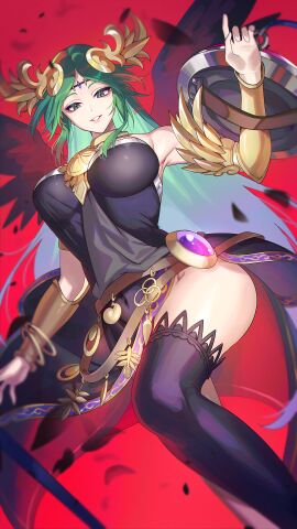 1girls absurdres between_breasts black_dress black_thighhighs bracelet breasts commentary_request covered_navel dress green_eyes green_hair highres jewelry kid_icarus kid_icarus_uprising large_breasts long_hair official_alternate_color palutena red_background shield signature staff strapless strapless_dress super_smash_bros. thighhighs yasaikakiage