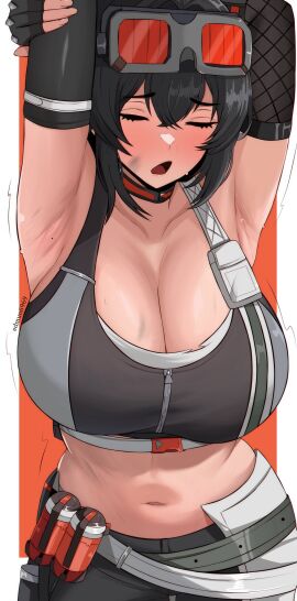 1girls armpits black_hair blush breasts cleavage edmun female grace_howard hair_between_eyes large_breasts long_hair mihoyo navel open_mouth solo zenless_zone_zero
