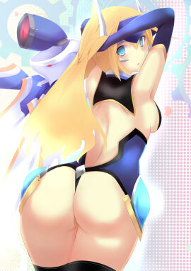 adjusting_hair aqua_eyes ass back bare_shoulders black_thighhighs blazblue blonde_hair blue_leotard breasts daiaru detached_sleeves elbow_gloves female gloves headgear heavenly_ass long_hair looking_back medium_hair mu-12 noel_vermillion sideboob thong_leotard