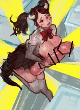 1futa absurd_res ahe_gao balls big_breasts breasts brown_hair buildings censored clothed clothing erection female futa_giantess futa_only futanari giant_balls giant_breasts giant_penis giantess hi_res high-angle_view horns huge_cock human intersex kaiju kaiju_girl kmaro light-skinned_futa light_skin looking_at_viewer mostly_clothed mostly_nude nude nude_futa penis skirt solo tail thighhighs tongue tongue_out translation_request twintails