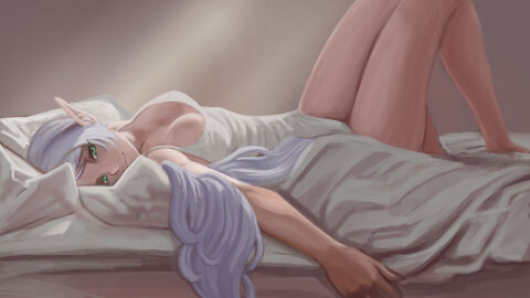 1girls bare_legs bed breasts cleavage dress female frieren frieren_beyond_journey's_end green_eyes hi_res long_hair looking_at_viewer lying_on_back lying_on_bed nightie on_back pointy_ears smile solo sousou_no_frieren white_hair zilvan