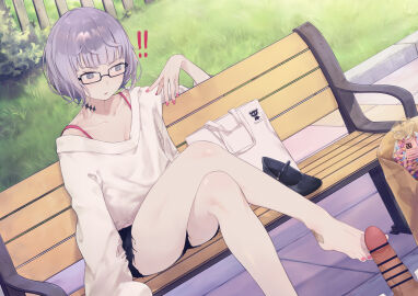 1boy absurdres bag bare_shoulders barefoot bench breasts censored daisi_gi erection fate/grand_order fate_(series) female grey_eyes grey_hair highres jacques_de_molay_(foreigner)_(fate) jacques_de_molay_(foreigner)_(method_to_walk_on_the_stars)_(fate) long_sleeves male medium_breasts off-shoulder_sweater off_shoulder open_mouth penis short_hair shorts straight sweater