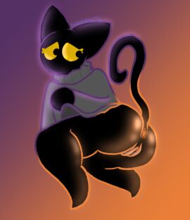 anthro anus ass bent_legs big_ass big_butt big_ears black_body black_fur clothed clothing clothing_lift domestic_cat eyelashes felid feline felis female flat_chested fur genitals google google_doodle gradient_background gradient_outline intense_lighting lifting_clothing long_sleeves long_tail looking_back lying magic_cat_academy mammal momo_(google) on_side poisonedcherry_(artist) presenting presenting_anus presenting_hindquarters presenting_pussy pussy rear_view reveal revealing_pussy simple_background small_chest solo sweater tail thick_thighs topwear turtleneck yellow_eyes