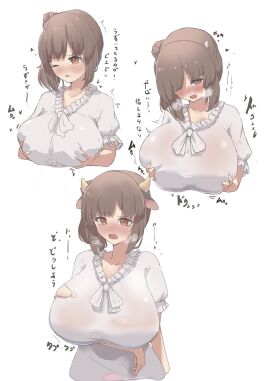 animal_ears arm_under_breasts blush breast_expansion breast_growth breast_growth_(enlargement) breasts brown_eyes brown_hair cevio comic corruption cow_ears cow_girl cow_horns d: dress embarrassed female female_masturbation frilled_dress frills full-face_blush grabbing_own_breast half_updo heavy_breathing highres horns huge_breasts japanese_text kakurega large_breasts masturbation medium_hair open_mouth satou_sasara sequential short_sleeves sidelocks simple_background skindentation sound_effects sweatdrop tearing_up torn_clothes transformation translation_request upper_body v-neck voiceroid wardrobe_malfunction wavy_mouth white_background white_dress wince