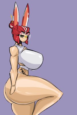 1girls ass beatrice_(shewiff) beauty_mark big_ass big_breasts big_butt big_penis bob_cut bobbed_hair breasts bunny_girl choker female glasses green_eyes hair_bun huge_ass huge_breasts huge_butt huge_thighs light-skinned_female light_skin male one_leg_up partially_clothed penis red_hair shewiff solo tattoo tattoo_on_belly thick_thighs