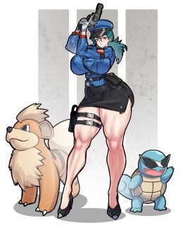 absurdres alternate_breast_size_(larger) arcanine black_shirt black_shoes breasts gen_1_pokemon green_hair gun handgun hat high_heels highres holster huge_breasts jenny_(pokemon) looking_at_viewer mold_(pixiv6616319) muscular muscular_female nintendo orange_eyes pokemon police police_hat police_uniform policewoman revolver shirt shoes short_shorts shorts smile squirtle thick_thighs thigh_holster thighs trigger_discipline weapon