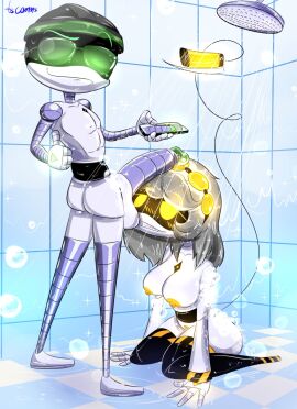 darren_(murder_drones) disassembly_drone female glitch_productions male male/female murder_drones robot robot_boy robot_girl toyslasher v_(murder_drones) white_body worker_drone