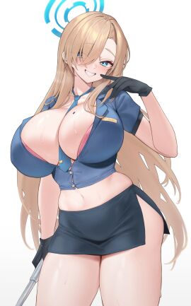 1girls asuna_(blue_archive) blonde_hair blue_archive blue_eyes breasts female hair_over_one_eye halo hi_res hips huge_breasts kuavera large_breasts light-skinned_female light_skin long_hair police_uniform policewoman thick_thighs thighs wide_hips