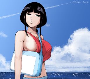 1girls areolae beach big_breasts black_hair bleach breasts crop_top exposed_breasts exposed_nipples female female_only handbag hime_cut kurotsuchi_nemu light-skinned_female midriff nipple_slip nipples one_breast_out outdoors sea seaside shorts solo tank_top tropic_turtle