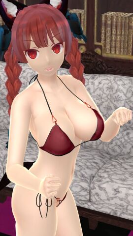 1girls 2024 3d arms_up ass bikini black_ribbon bookshelf breasts cat_ears cat_tail clavicle cleavage feline_humanoid female hati_yukkuri_mmd hips indoors interior_background jpeg kemonomimi light-skinned_female long-haired_female looking_at_viewer mmd open_mouth red-haired_female red_bikini red_eyes rin_kaenbyou sofa solo_female solo_focus swimsuit tied_hair touhou waist_chain
