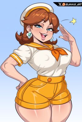 1girls blannis_art blue_eyes breasts brunette_hair earrings female female_only flower_earrings freckles freckles_on_face hat large_breasts mario_(series) mario_kart mario_kart_tour nintendo nipple_bulge nipples pale-skinned_female pale_skin plump_lips princess princess_daisy princess_daisy_(sailor) royalty sailor_uniform shorts shoulder_length_hair solo super_mario_bros. thick_thighs voluptuous voluptuous_female wide_hips