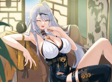 absurdres asymmetrical_gloves bare_shoulders belt bird black_gloves black_shorts black_thighhighs breasts camisole chankuro cleavage elbow_gloves female fingerless_gloves gloves hair_ornament hairclip high-waist_shorts highres jacket large_breasts long_hair looking_at_viewer one_eye_closed open_mouth shorts single_thighhigh sitting smile solo thighhighs thighs unworn_jacket white_camisole white_hair yellow_eyes yellow_jacket yin_yang_pin yixuan_(zenless_zone_zero) zenless_zone_zero