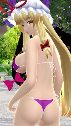 1girls 2023 3d ass ass_crack bikini blonde-haired_female butt_crack butt_crack_outline female gap gap_(touhou) hati_yukkuri_mmd light-skinned_female light_skin long-haired_female looking_at_viewer looking_back mikumikudance mmd mob_cap outdoors outside perfect_cherry_blossom portal purple_bikini rear_view red_bowtie red_ribbon solo_female solo_focus swimsuit touhou white_headwear white_string_bikini yellow_eyes youkai yukari_yakumo