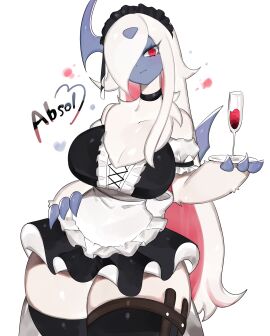 1girls 3_fingers absol anthro big_breasts black_thighhighs breasts choker english_text female female_only generation_3_pokemon hair_over_one_eye hi_res long_hair looking_at_viewer maid maid_headdress maid_uniform nintendo pokemon pokemon_(species) red_eyes red_hair smiling smiling_at_viewer solo text thick_thighs thighhighs toge77789 togetoge tray two-tone_hair white_background white_fur wine_glass