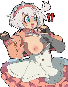 1girls 2d_(artwork) ?! ahoge blue_eyes blush bob_cut bracelets breast_out breasts collar collarbone digital_media_(artwork) disembodied_hand dress dress_pull elphelt_valentine female fingerless_gloves four-leaf_clover guilty_gear guilty_gear_strive hairband jacket kekeken_(9vsqgrq7v2wnvby) large_breasts looking_at_hand nervous_smile nervous_sweat nipples one_breast_out open_mouth pink_dress pink_nipple poipiku pulling_on_clothes short_hair skirt spiked_bracelet spiked_collar spiked_jacket surprised tagme teeth two-tone_dress white_dress white_hair wide_eyed zipper