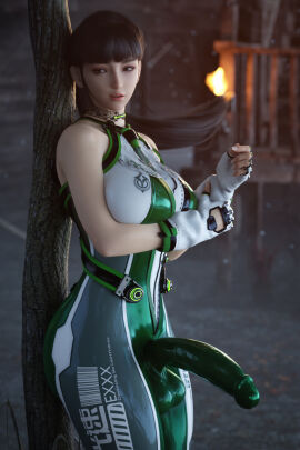 1futa 3d bulge_through_clothing cameltail casual clothing eve_(stellar_blade) futa_only futanari human intersex latex latex_clothing latex_cock pale_skin penis solo stellar_blade stevencarson